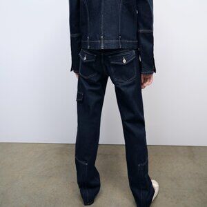 Zara Trf Slim Fit Cargo Jeans Women's Size 0 Dark Wash Blue Y2K Flap Pockets